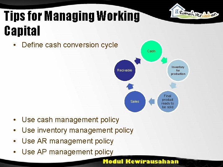 Tips for Managing Working Capital • Define cash conversion cycle Cash Recivable Sales •