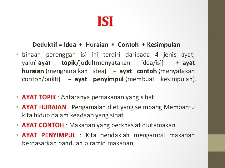 ISI Deduktif = Idea + Huraian + Contoh + Kesimpulan • binaan perenggan isi