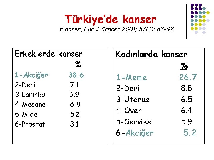 Türkiye’de kanser Fidaner, Eur J Cancer 2001; 37(1): 83 -92 Erkeklerde kanser % 1