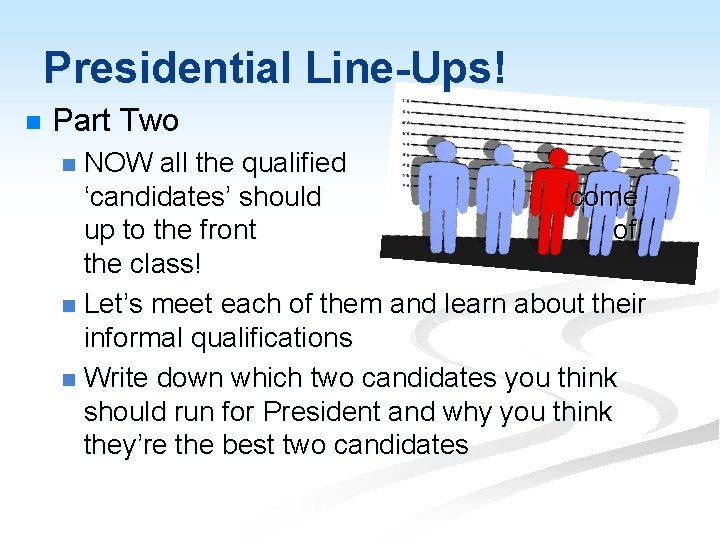 Presidential Line-Ups! n Part Two NOW all the qualified ‘candidates’ should come up to