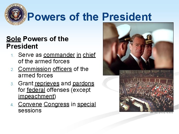 Powers of the President Sole Powers of the President 1. 2. 3. 4. Serve