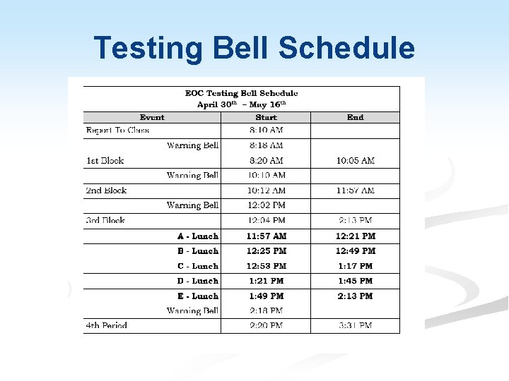 Testing Bell Schedule 