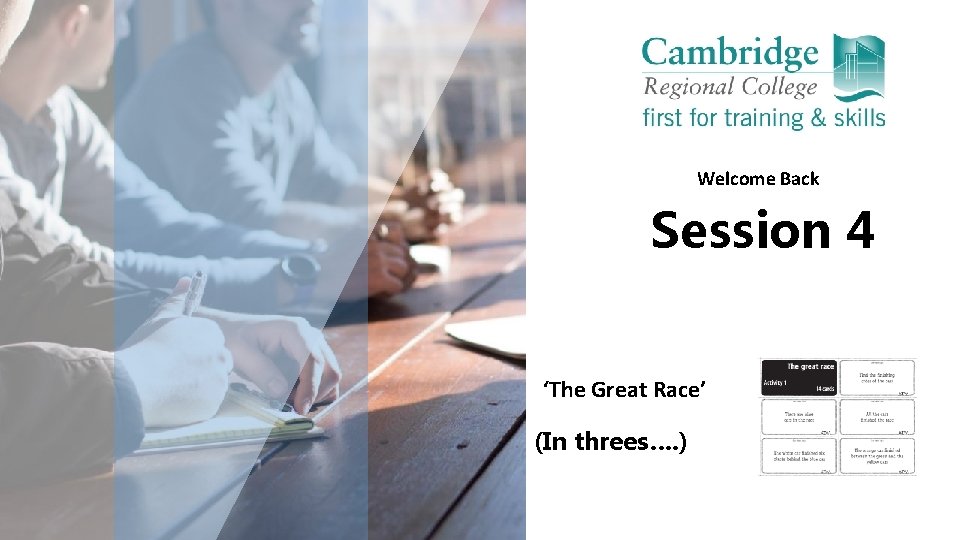 Welcome Back Session 4 ‘The Great Race’ (In threes…. ) 