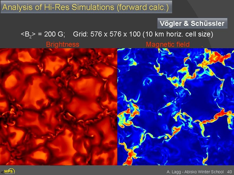 Analysis of Hi-Res Simulations (forward calc. ) Vögler & Schüssler <Bz> = 200 G;