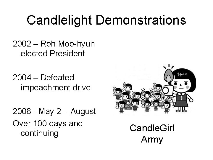 Candlelight Demonstrations 2002 – Roh Moo-hyun elected President 2004 – Defeated impeachment drive 2008