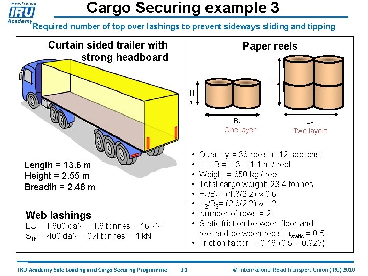 Cargo Securing example 3 Required number of top over lashings to prevent sideways sliding