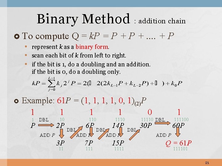 Binary Method : addition chain To compute Q = k. P = P +. Binary Method : addition chain To compute Q = k. P = P +.