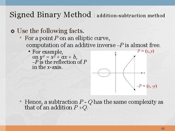 Signed Binary Method : addition-subtraction method Use the following facts. • For a point Signed Binary Method : addition-subtraction method Use the following facts. • For a point