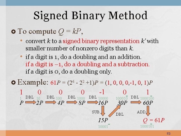 Signed Binary Method To compute Q = k. P, • convert k to a Signed Binary Method To compute Q = k. P, • convert k to a