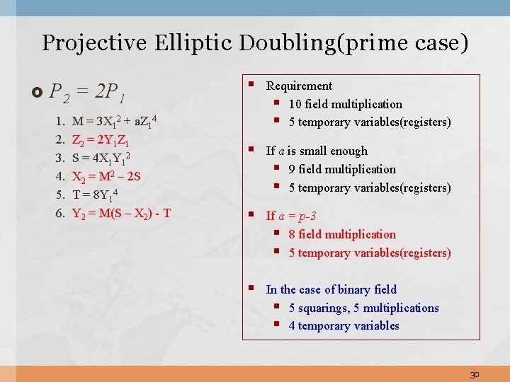 Projective Elliptic Doubling(prime case) P 2 = 2 P 1 1. 2. 3. 4. Projective Elliptic Doubling(prime case) P 2 = 2 P 1 1. 2. 3. 4.