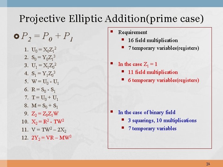 Projective Elliptic Addition(prime case) P 2 1. 2. 3. 4. 5. 6. 7. 8. Projective Elliptic Addition(prime case) P 2 1. 2. 3. 4. 5. 6. 7. 8.