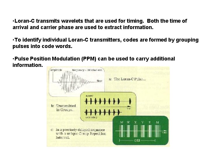  • Loran-C transmits wavelets that are used for timing. Both the time of