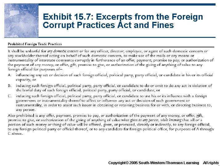 Exhibit 15. 7: Excerpts from the Foreign Corrupt Practices Act and Fines Copyright© 2005