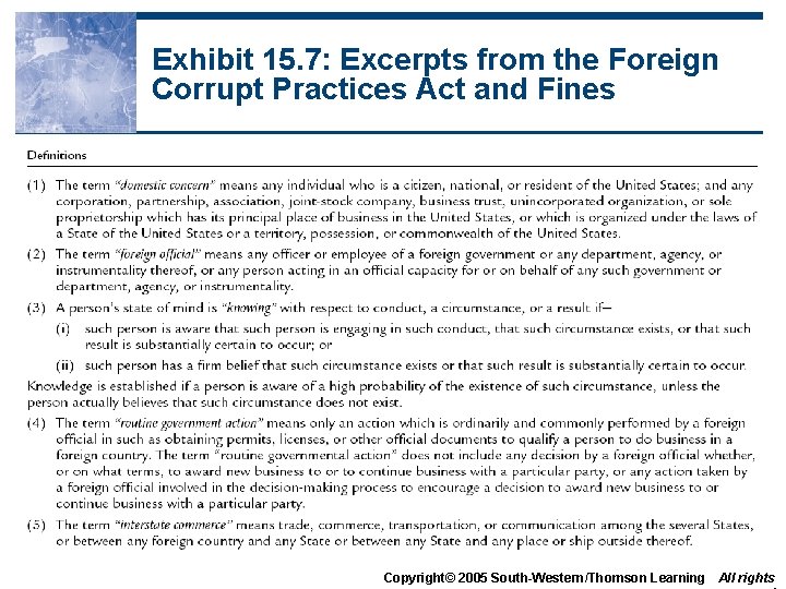 Exhibit 15. 7: Excerpts from the Foreign Corrupt Practices Act and Fines Copyright© 2005