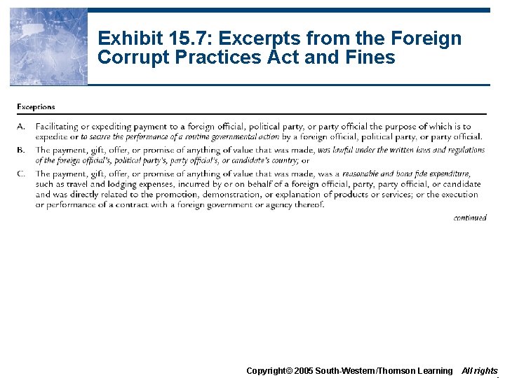 Exhibit 15. 7: Excerpts from the Foreign Corrupt Practices Act and Fines Copyright© 2005