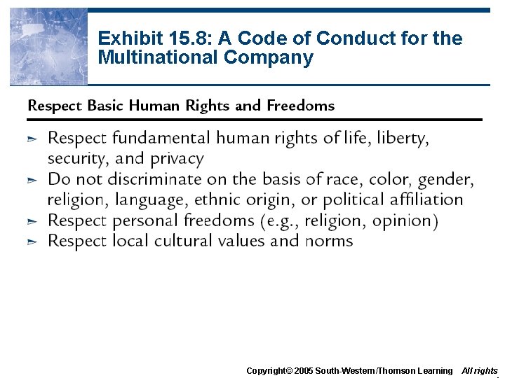 Exhibit 15. 8: A Code of Conduct for the Multinational Company Copyright© 2005 South-Western/Thomson