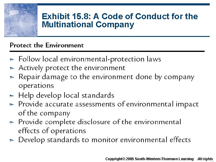 Exhibit 15. 8: A Code of Conduct for the Multinational Company Copyright© 2005 South-Western/Thomson