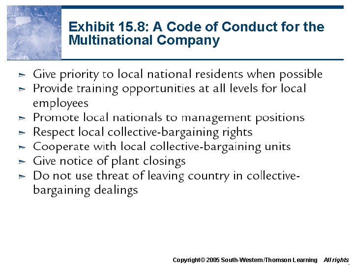 Exhibit 15. 8: A Code of Conduct for the Multinational Company Copyright© 2005 South-Western/Thomson