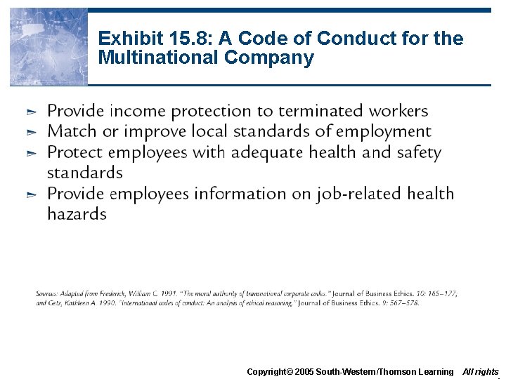 Exhibit 15. 8: A Code of Conduct for the Multinational Company Copyright© 2005 South-Western/Thomson