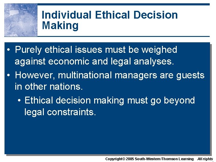 Individual Ethical Decision Making • Purely ethical issues must be weighed against economic and