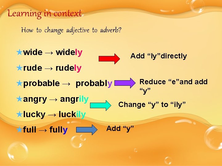 Learning in context How to change adjective to adverb? ★wide → widely Add “ly”directly