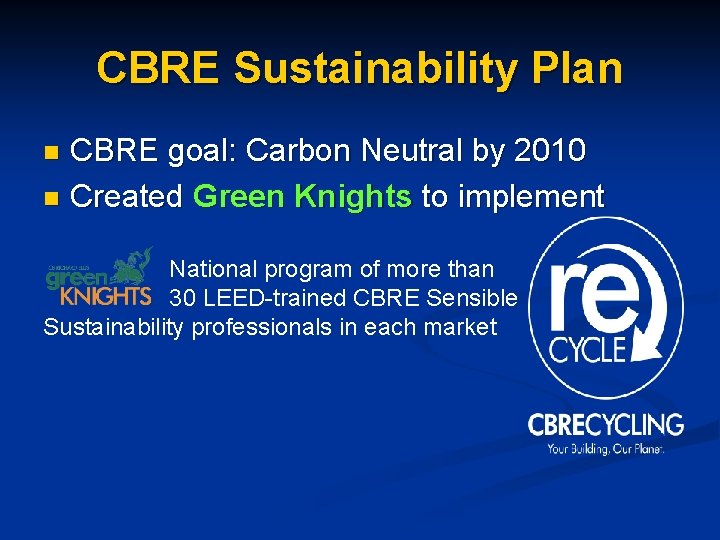 CBRE Sustainability Plan CBRE goal: Carbon Neutral by 2010 n Created Green Knights to