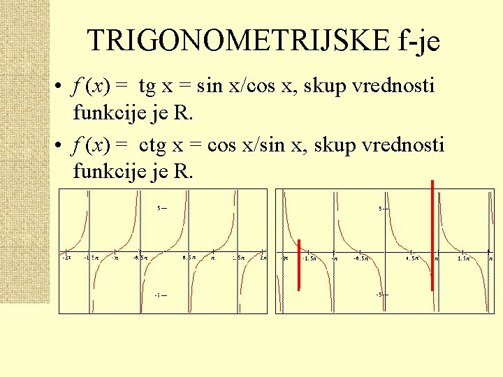 TRIGONOMETRIJSKE f-je • f (x) = tg x = sin x/cos x, skup vrednosti