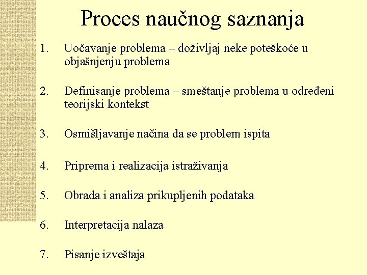 Proces naučnog saznanja 1. Uočavanje problema – doživljaj neke poteškoće u objašnjenju problema 2.