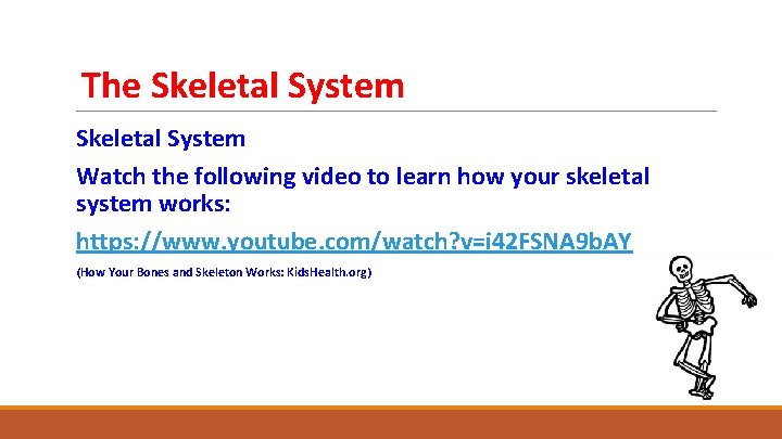 The Skeletal System Watch the following video to learn how your skeletal system works: