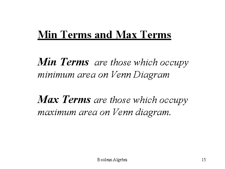 Min Terms and Max Terms Min Terms are those which occupy minimum area on