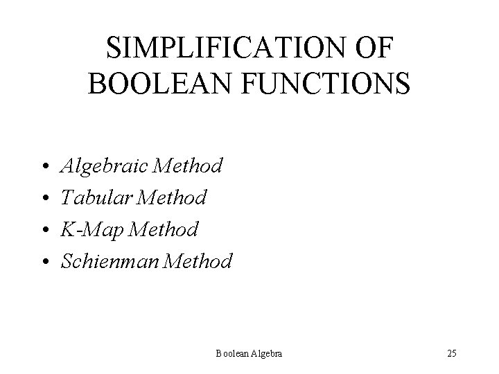 SIMPLIFICATION OF BOOLEAN FUNCTIONS • • Algebraic Method Tabular Method K-Map Method Schienman Method
