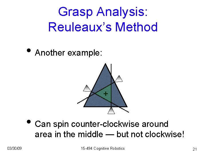 Grasp Analysis: Reuleaux’s Method • Another example: + • Can spin counter-clockwise around area