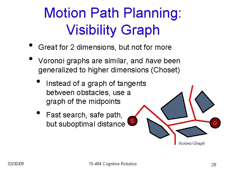 Motion Path Planning: Visibility Graph • • Great for 2 dimensions, but not for