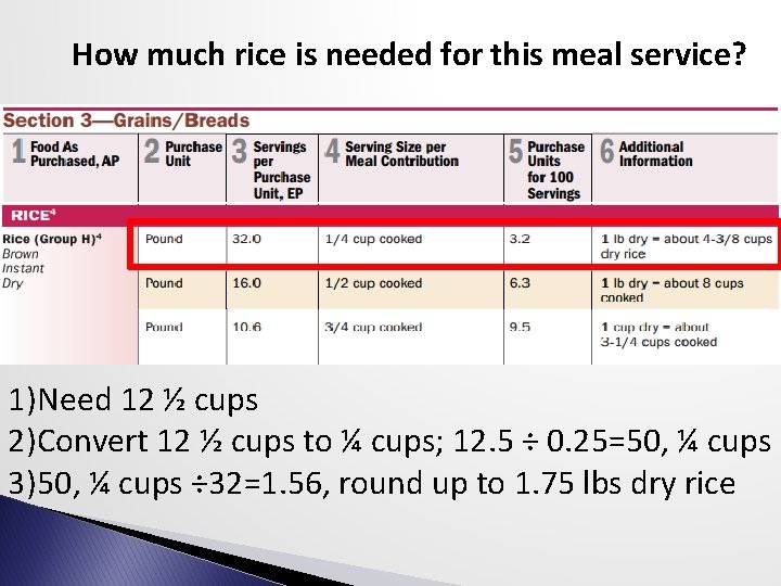 How much rice is needed for this meal service? 1)Need 12 ½ cups 2)Convert