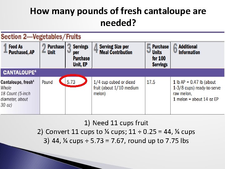How many pounds of fresh cantaloupe are needed? 1) Need 11 cups fruit 2)