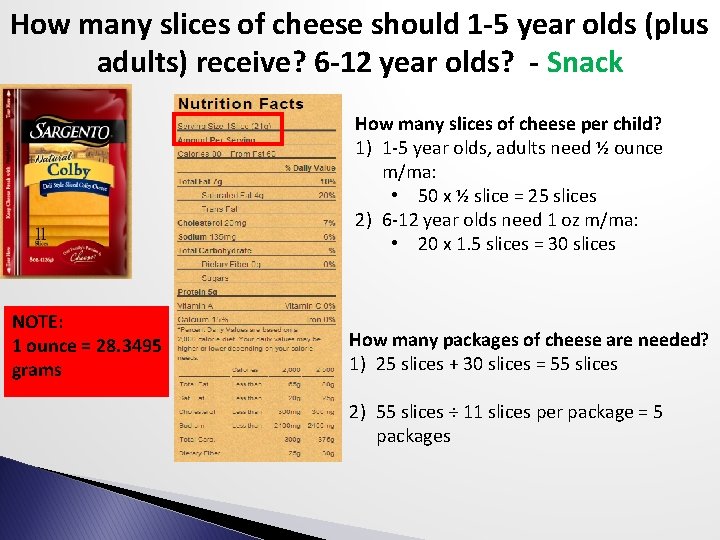 How many slices of cheese should 1 -5 year olds (plus adults) receive? 6