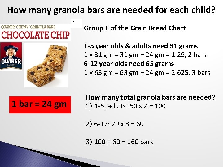 How many granola bars are needed for each child? ® Group E of the