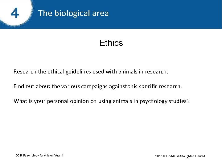 The biological area Ethics Research the ethical guidelines used with animals in research. Find