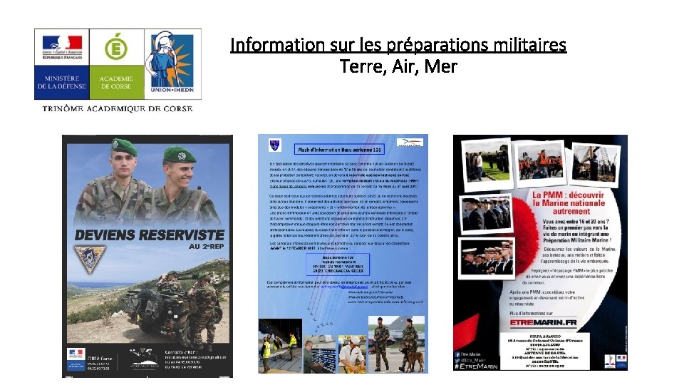 Information sur les préparations militaires Terre, Air, Mer 