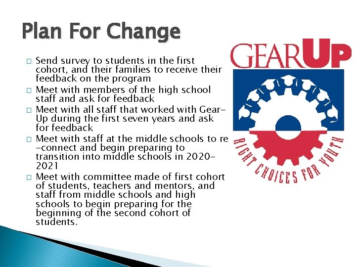 Plan For Change � � � Send survey to students in the first cohort,