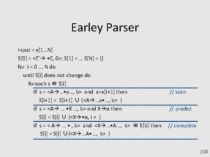 Earley Parser Input = x[1…N] S[0] = <E’ • E, 0>; S[1] = …