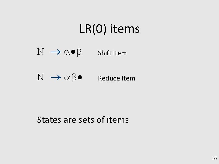 LR(0) items N α β Shift Item N αβ Reduce Item States are sets