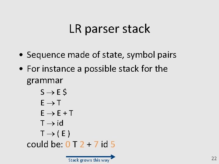 LR parser stack • Sequence made of state, symbol pairs • For instance a