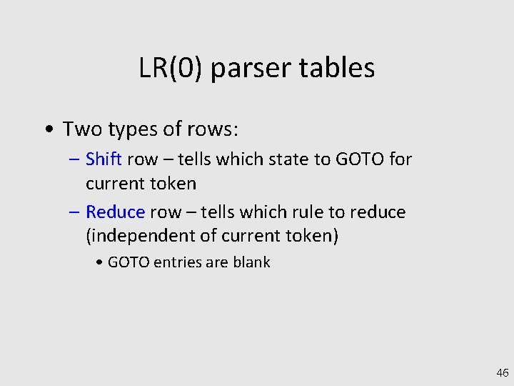 LR(0) parser tables • Two types of rows: – Shift row – tells which