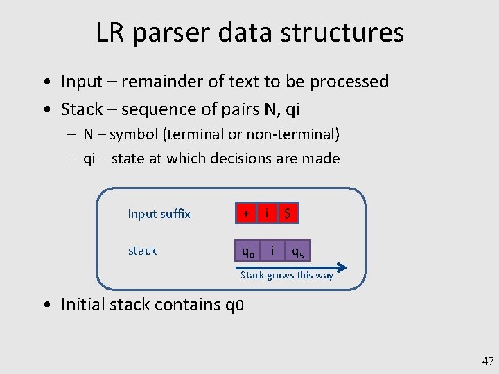 LR parser data structures • Input – remainder of text to be processed •
