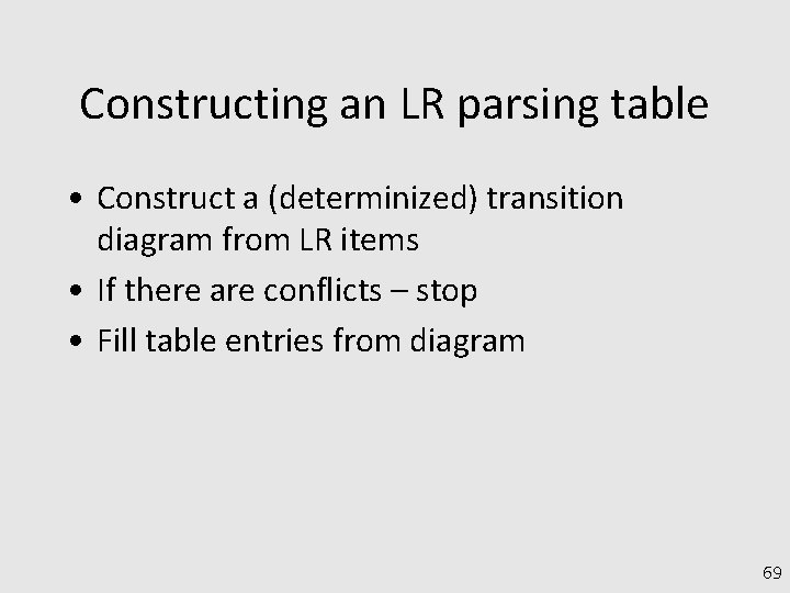 Constructing an LR parsing table • Construct a (determinized) transition diagram from LR items