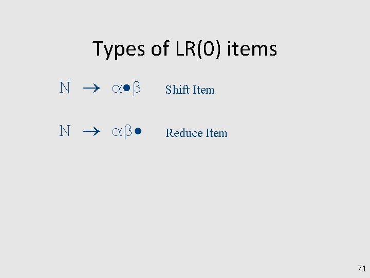 Types of LR(0) items N α β Shift Item N αβ Reduce Item 71