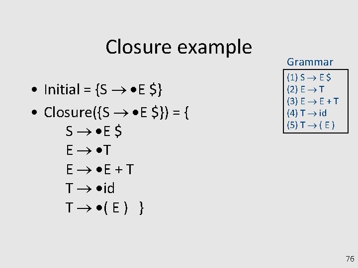 Closure example • Initial = {S E $} • Closure({S E $}) = {