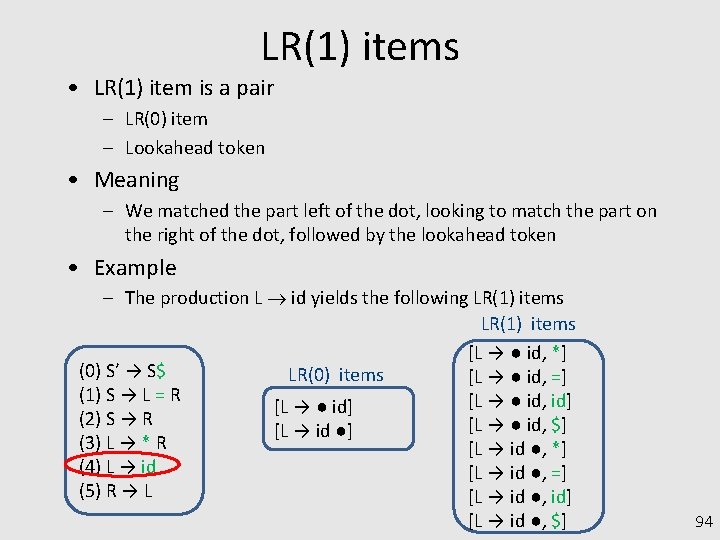 LR(1) items • LR(1) item is a pair – LR(0) item – Lookahead token