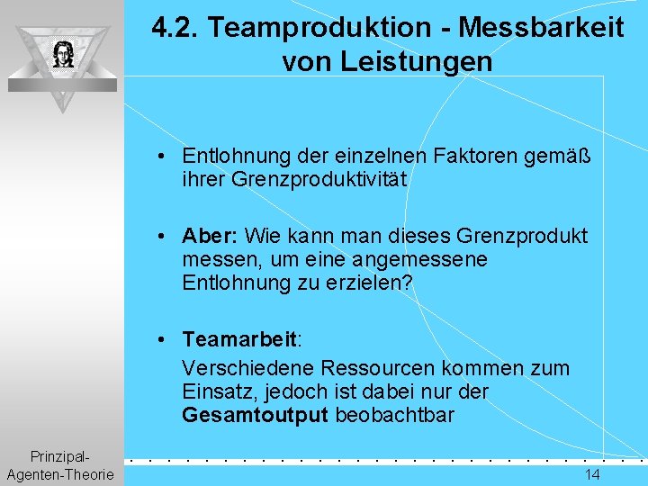 4. 2. Teamproduktion - Messbarkeit von Leistungen • Entlohnung der einzelnen Faktoren gemäß ihrer